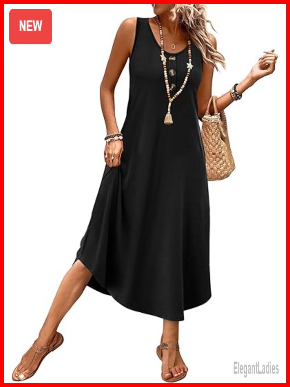 Sleeveless Button Front Midi Sundress with Pockets